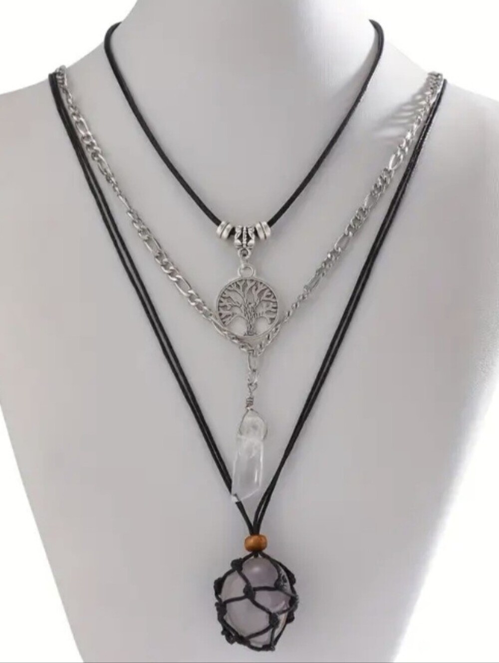 NEW Layered Silver & Black Pendant Necklace w/ Tree of Life & Crystal  (0064)